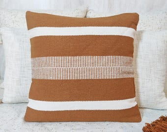 Rust Orange & Ivory Cotton Hand loom Woven Textured Cushion Cover Boho Throw Pillow Case