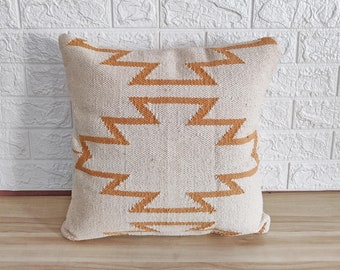 Mustard Yellow & Natural White Kilim Handloom Woven 100% Cotton Textured Cushion Cover 18x18 Inches ( 45x45 CM) Boho Throw Pillow Cover