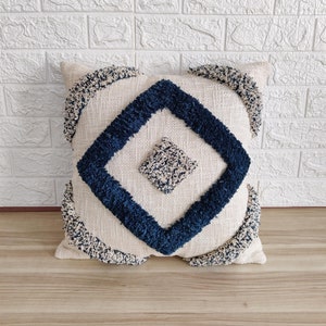 Blue & Ivory Decorative Sofa Throw Pillow Cover | 100% Natural Raw Washed Cotton Textured Fabric Embroidered Tufted Boho Cushion Cover