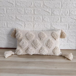 Ivory Off White Embroidered Tufted Raw Cotton Textured 12x20, 14x20, 14x24, 16x24 Inches Boho Throw Pillow Cover Decorative Cushion Cover