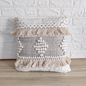 Cotton & Polyester Handloom Woven Fringe Pillow Cover 18x18 Inches Boho Decorative Cushion Cover