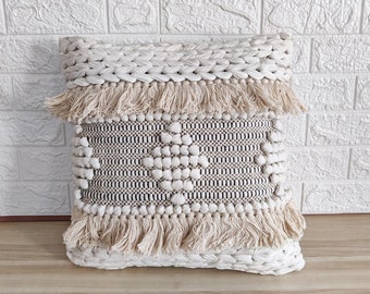 Cotton & Polyester Handloom Woven Fringe Pillow Cover 18x18 Inches Boho Decorative Cushion Cover