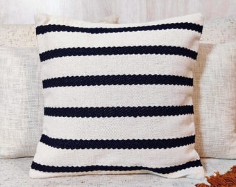 Ivory & Black Striped Cotton Handloom Boho Throw Pillow Case Handwoven Textured Cushion Cover