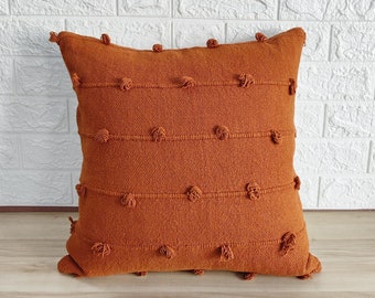 Rust Orange/Deep Orange Hand Woven Loops Hand Dyed Cotton Fabric 16x16, 18x18, 20x20, 12x20, 14x20 Inches Decorative Boho Throw Pillow Cover