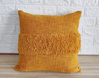 マスタードイエローの刺繍入りタフテッドテクスチャード枕カバー 16x16、18x18、20x20、22x22、24x24インチ 100%コットン ボヘミアン装飾枕カバー