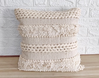Ivory Off White Cotton Hand Loom Woven Textured Pillow Cover Home Decorative 18x18 Inches Throw Pillow Case