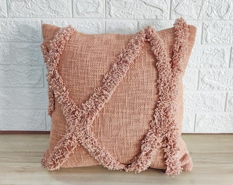 Blush Pink Embroidered Tufted Textured 100% Raw Cotton Hand Dyed Fabric 16x16, 18x18, 20x20, 22x22 Inches Decorative Boho Throw Pillow Cover