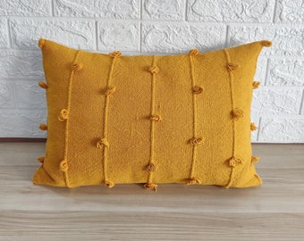Turmeric / Mustard Yellow Hand Woven Loops Hand Dyed Cotton 16x16, 18x18, 20x20, 12x20, 14x20 Inches Decorative Boho Throw Pillow Cover
