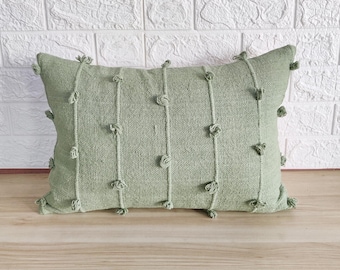 Sage Green Hand Woven Loops Hand Dyed Cotton Fabric 16x16, 18x18, 20x20, 12x20, 14x20 Inches Decorative Boho Throw Pillow Cover