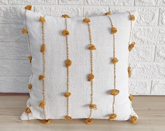 White & Mustard Yellow Hand Woven Loops Hand Dyed Cotton Fabric 16x16, 18x18, 20x20, 12x20, 14x20 Inches Decorative Boho Throw Pillow Cover