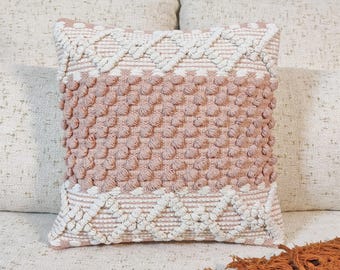 Cotton Hand loom Woven Textured Boho Cushion Cover Blush Pink & Ivory Throw Pillow Case