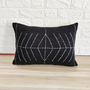 Hand Kantha Embroidered Black & Ivory Handmade Pillow Cover Hand Dyed Cotton Textured Thick Fabric Decorative Throw Pillow Case