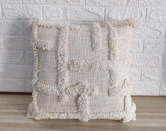 Ivory Off White Cotton Abstract Stipes Embroidered Tufted Boho Textured 18x18 Pillow Cover | Home Decorative Handmade Throw Pillow Cover