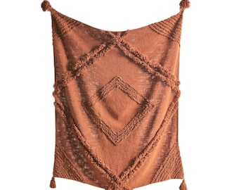 Rust Orange | Ivory | Mustard Yellow Boho Throw Blankets | Natural Raw Cotton Hand Dyed Tufted Textured Bedding Throw Blanket