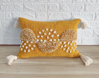 Mustard Yellow & Ivory Hand Embroidered Tufted Textured Decorative Cushion Cover 12x20, 14x20, 14x24, 16x24 Decorative Boho Pillow Cover