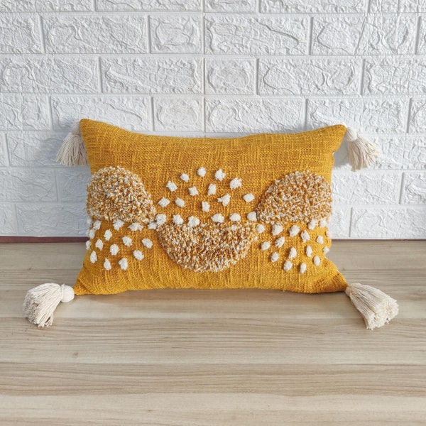 Mustard Yellow & Ivory Hand Embroidered Tufted Textured Decorative Cushion Cover 12x20, 14x20, 14x24, 16x24 Decorative Boho Pillow Cover