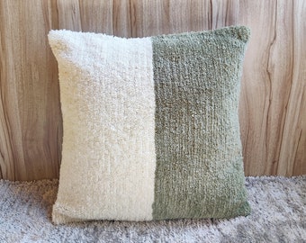 Sage Green & Ivory Acrylic Wool Hand Tufted Textured Decorative Cushion Cover 16x16, 18x18 Decorative Boho Pillow Cover