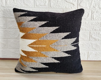 Cotton & Wool Kilim Hand loom Woven Textured Cushion Cover 18x18, 20x20 Inches Boho Throw Pillow Cover