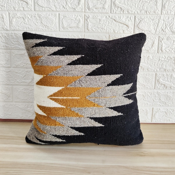 Cotton & Wool Kilim Hand loom Woven Textured Cushion Cover 18x18, 20x20 Inches Boho Throw Pillow Cover