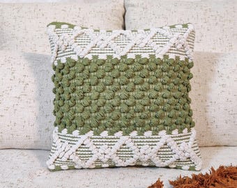 Cotton Hand loom Woven Textured Boho Cushion Cover Green & Ivory Throw Pillow Case