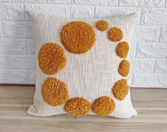 Mustard Yellow & Ivory Cotton Textured Embroidered Tufted Decorative Cushion Cover Boho Throw Pillow Case Indian Hand Made Pillow Cover