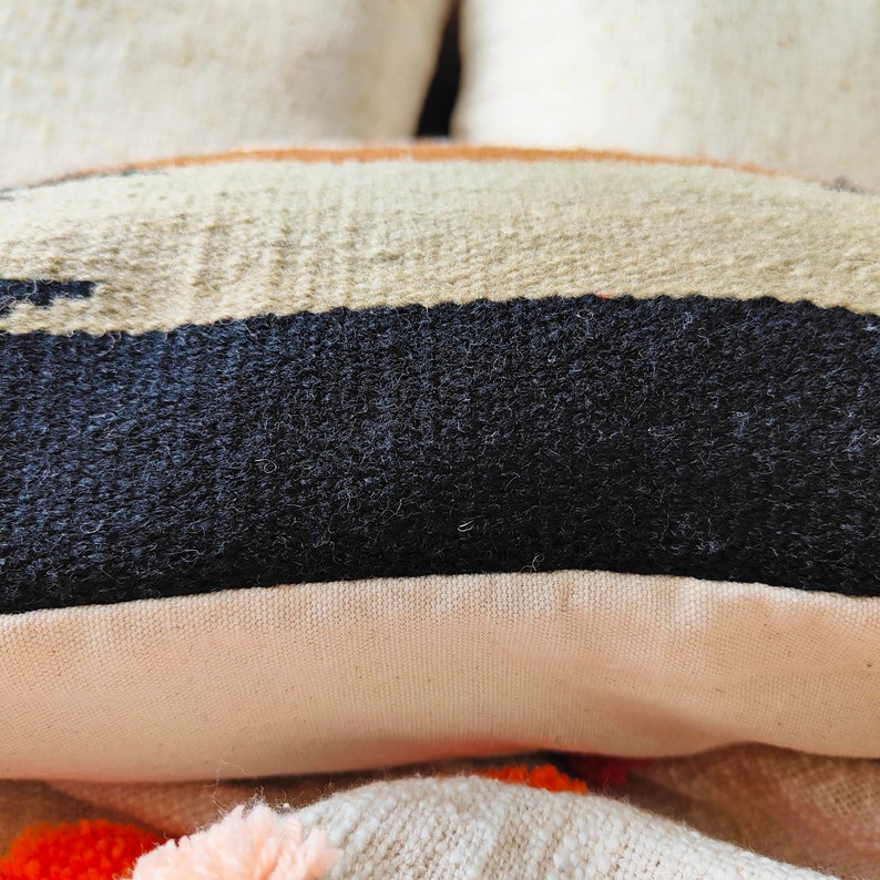 May include: Close-up of a beige and black striped throw pillow with a black fuzzy texture. The pillow has a white border and is made of a soft, woven fabric.