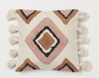 Ochre & Pink Multi Color Tufted Textured Cotton Tassel Cushion Cover 16x16, 18x18, 20x20, 22x22 Inches Boho Throw Pillow Case