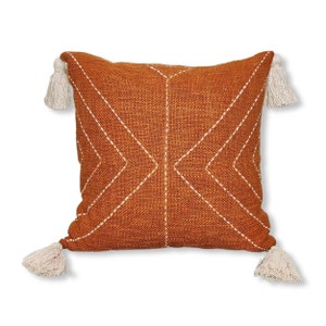 Burnt Orange / Rust Orange Boho Throw Pillow Cover | Cotton Textured Hand Kantha (Hand Stitches) Raw Cotton Hand Dyed Cushion Cover