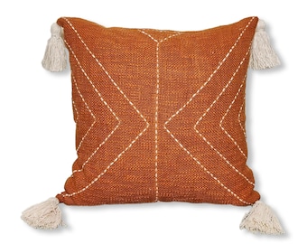 Burnt Orange / Rust Orange Boho Throw Pillow Cover | Cotton Textured Hand Kantha (Hand Stitches) Raw Cotton Hand Dyed Cushion Cover