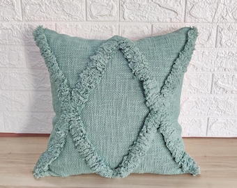 Seafoam Blue Tufted Textured 100% Raw Cotton Hand Dyed Fabric 16x16, 18x18, 20x20, 22x22 Inches Decorative Boho Throw Pillow Cover