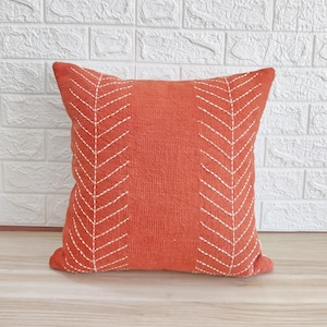 Terracotta / Brick Red Hand Kantha Embroidered Decorative Cushion Cover 16x16, 18x18, 20x20, 22x22 100% Cotton Textured Boho Pillow Cover