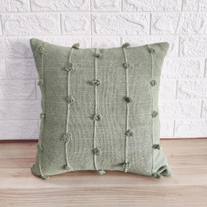 Sage Green Hand Woven Loops Hand Dyed Cotton Fabric 16x16, 18x18, 20x20, 12x20, 14x20 Inches Decorative Boho Throw Pillow Cover