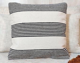 Ivory & Black Striped Cotton Handloom Boho Throw Pillow Case Handwoven Textured Cushion Cover