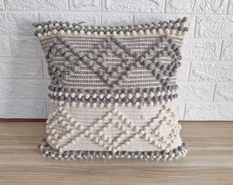 Cotton Wool Handloom Woven Bluish Gray & Ivory Textured Pillow Cover 18x18 Inches Boho Decorative Throw Pillow Case