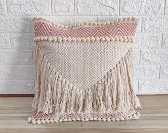 Hand Loom Woven Cotton Textured Fringe Pillow Cover Blush Pink & Ivory 18x18 Inches Decorative Throw Pillow Pillow Case