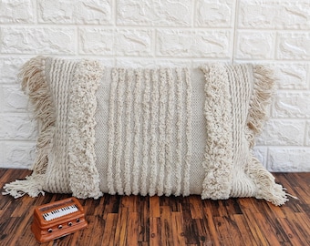 Handloom tejido copetudo texturizado marfil de algodón blanco 18x18, 20x20, 12x20, 14x20 pulgadas decorativo Boho Fringe Throw Pillow Cover