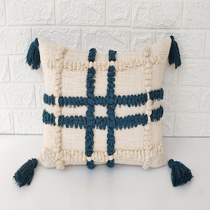 Fodera per cuscino decorativo strutturato trapuntato ricamato a mano blu verde acqua e avorio 12x20, 14x20, 16x16, 18x18 Fodera per cuscino decorativo Boho