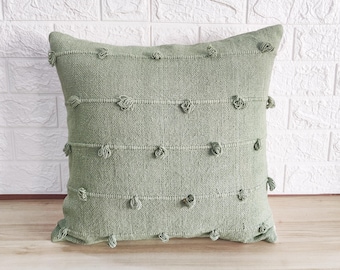 Sage Green Hand Woven Loops Hand Dyed Cotton Fabric 16x16, 18x18, 20x20, 12x20, 14x20 Inches Decorative Boho Throw Pillow Cover