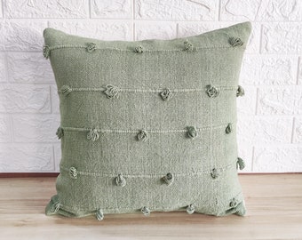 Sage Green Hand Woven Loops Hand Dyed Cotton Fabric 16x16, 18x18, 20x20, 12x20, 14x20 Inches Decorative Boho Throw Pillow Cover