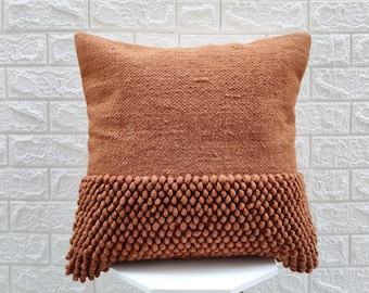 Rust Orange / Deep Orange Hand Woven Chunky Loops Cotton Wool 16x16, 18x18, 20x20, 12x20, 14x20 Inches Decorative Boho Throw Pillow Cover