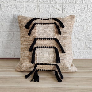 Beige Cream & Black Cotton Hand Loom Woven Textured Pillow Cover 18&quot;x18&quot; Boho Decorative Fringe  Throw Pillow Case