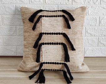 Beige Cream & Black Cotton Hand Loom Woven Textured Pillow Cover 18"x18" Boho Decorative Fringe  Throw Pillow Case