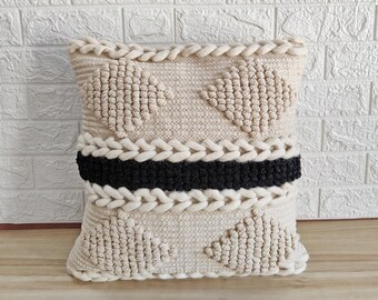 Handloom Woven Cotton & Wool Textured Cushion Cover 18"x18" Inches (45x45 CM) Boho Decorative Throw Pillow Cover