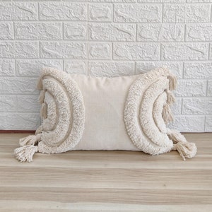 Cotton Velvet Cream White Ivory Embroidered Tufted Decorative Cushion Cover 14&quot;x20&quot; Boho Throw Pillow Cover Tassels Pillow Case