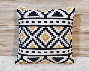 Mustard Yellow & Black Cotton Handloom Woven Textured Cushion Cover Aztec Boho Throw Pillow Case