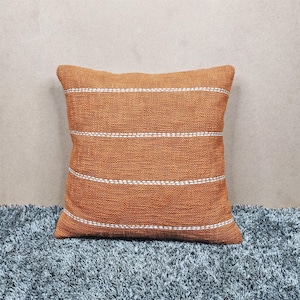 Rust Orange Burnt Orange Hand Machine Stitches Pillow Case Boho Decorative Indian Hand Kantha Hand Dyed Raw Cotton Fabric Cushion Cover