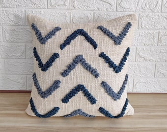 Ivory & Teal Blue Cotton Hand Lom Woven Textured Fabric Soft Cushion Cover | 16x16, 18x18 Boho Decorative Embroidered Throw Pillow Case