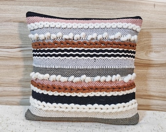 Cotton & Wool Handloom Woven Textured Cushion Cover Rust Black Ivory Boho Throw Pillow Case