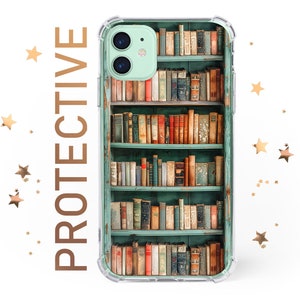 May include: A clear phone case with a design of a vintage bookshelf filled with books. The bookshelf is painted a light blue-green color. The case is protective and has a raised lip around the camera lens.