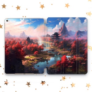 May include: A digital illustration of a Japanese landscape with red trees, a river, and a pagoda in the background. The image is on a tablet case.